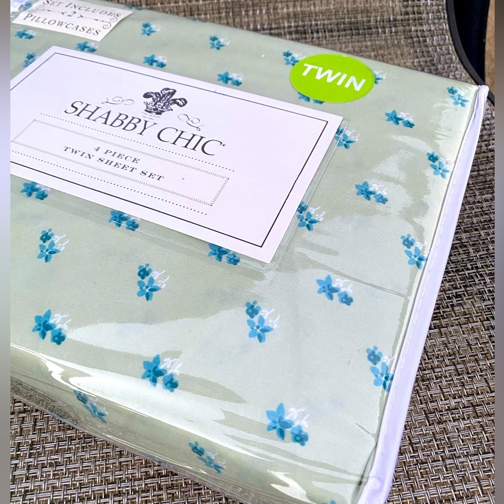 Shabby Chic Blue Floral Green Polyester TWIN Sheet Set 4pc - Picture 4 of 8